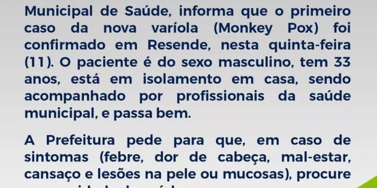 Resende registra primeiro caso da varíola dos macacos