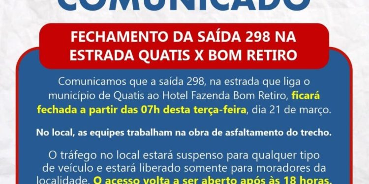 FECHAMENTO DA SAÍDA 298 NA ESTRADA QUATIS X BOM RETIRO